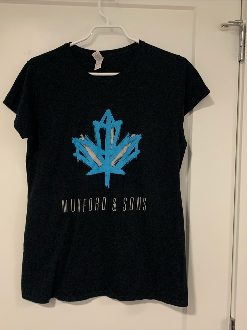 Women’s Mumford & Sons concert Black Tee with Blue Maple Leaf Logo